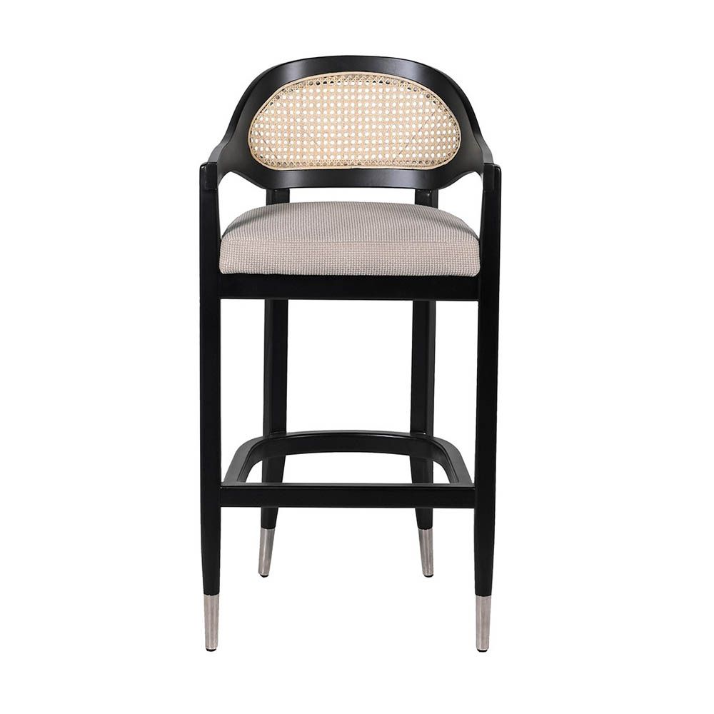 Bar stool with rattan backrest and linen seat contained in black frame