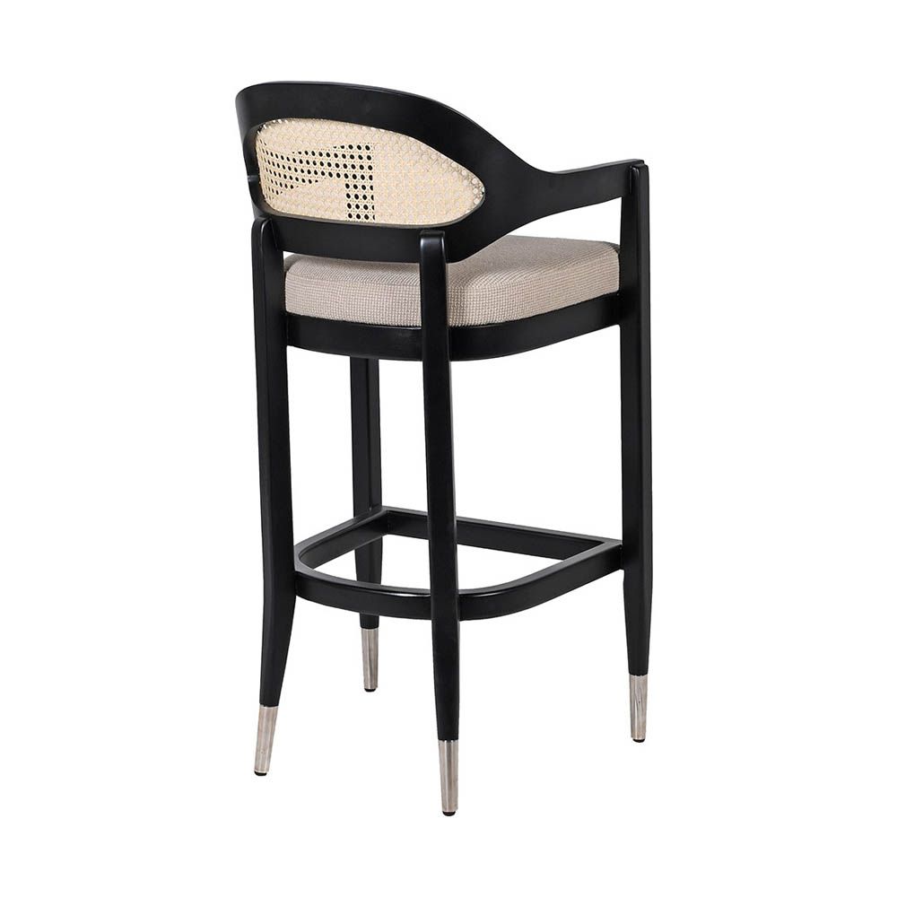 Bar stool with rattan backrest and linen seat contained in black frame