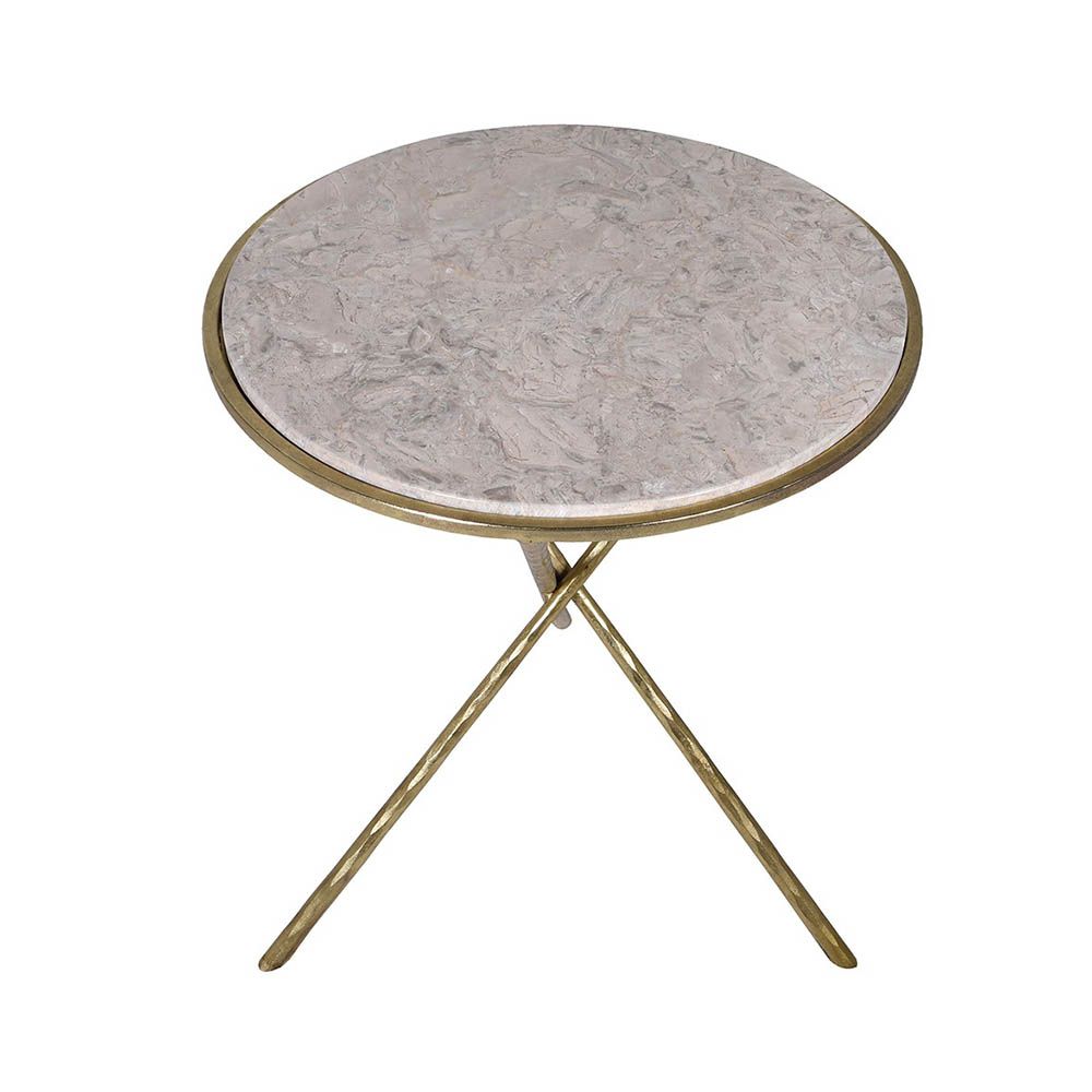 Side table with brassy legs and marble-effect surface