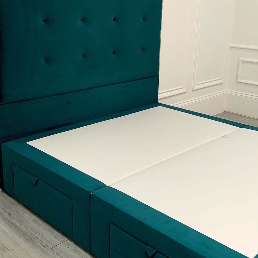 A glamorous gold square studded bed with buttoning detailing and luxury velvet upholstery 