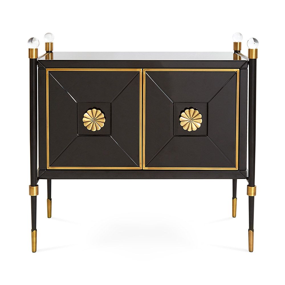 A luxurious Parisian style contemporary cabinet with bras accents and acrylic finials 