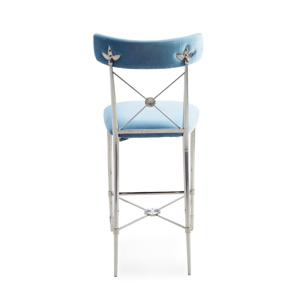 A stylish, light blue counter stool with a dazzling, silver frame 