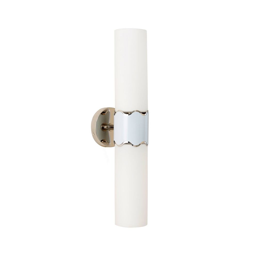 A luxurious pastel blue and nickel wall sconce with frosted glass lampshades