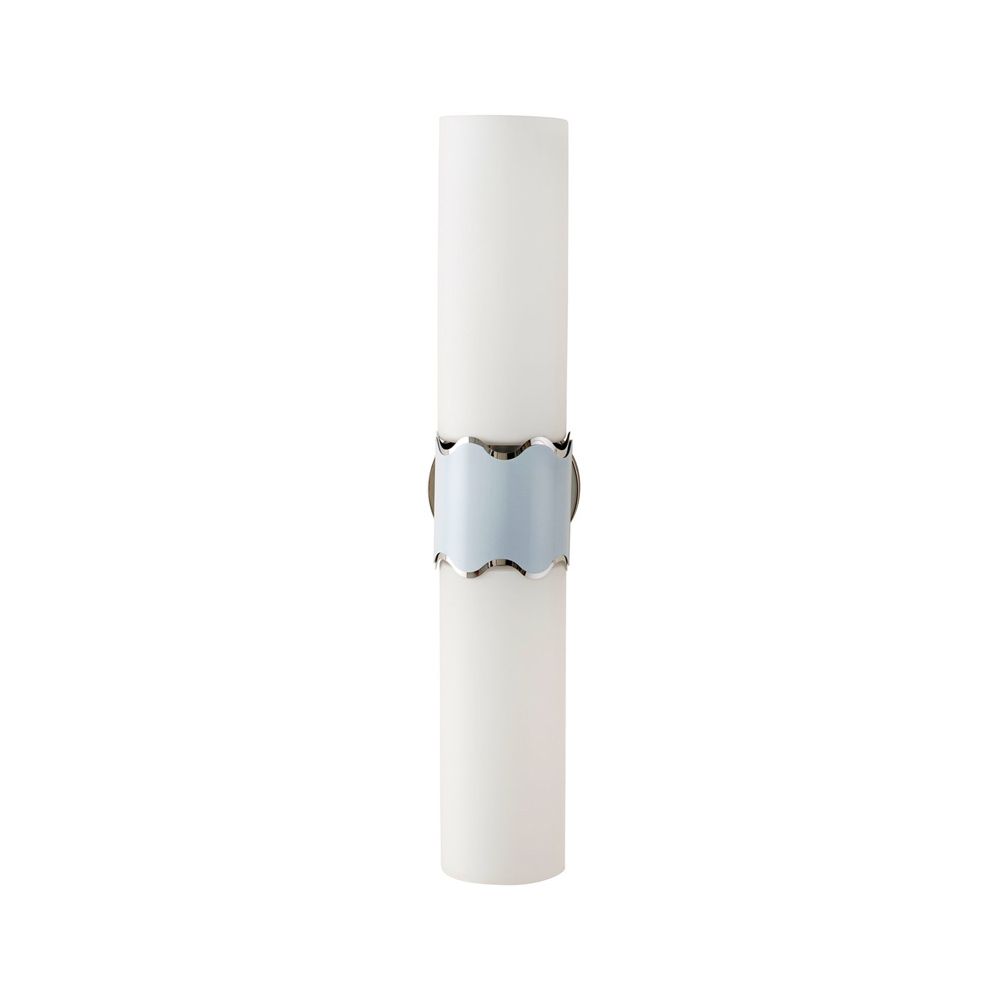 A luxurious pastel blue and nickel wall sconce with frosted glass lampshades