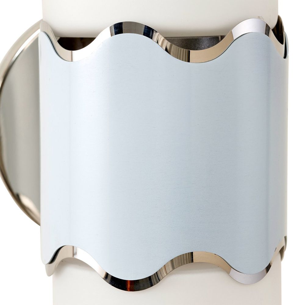 A luxurious pastel blue and nickel wall sconce with frosted glass lampshades
