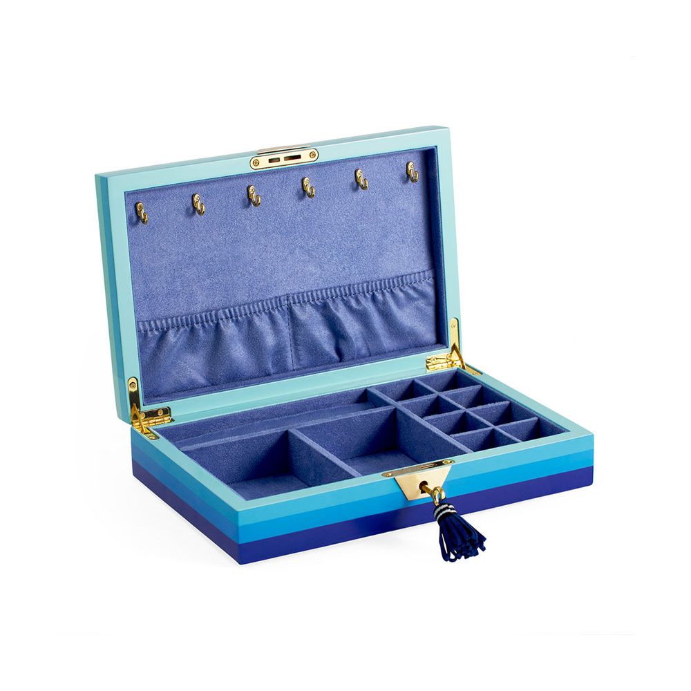 Striking purple and blue jewellery box with tasselled key detail