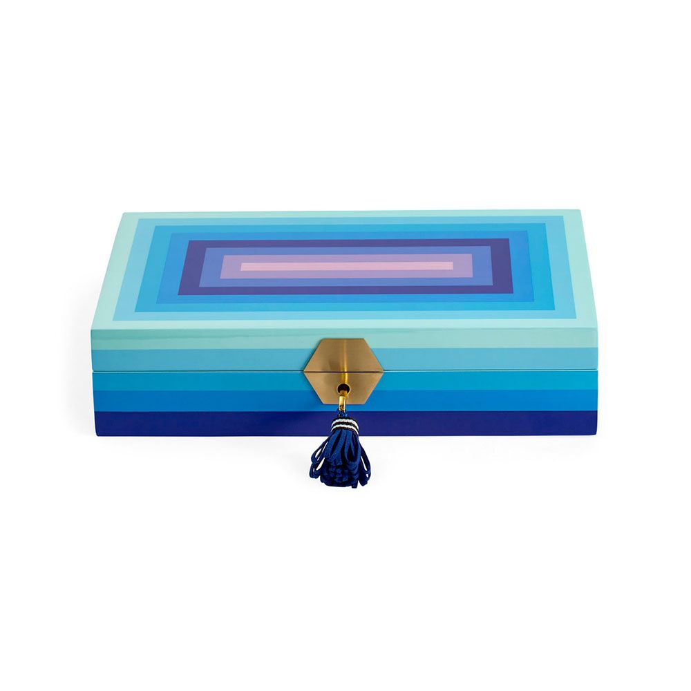 Striking purple and blue jewellery box with tasselled key detail