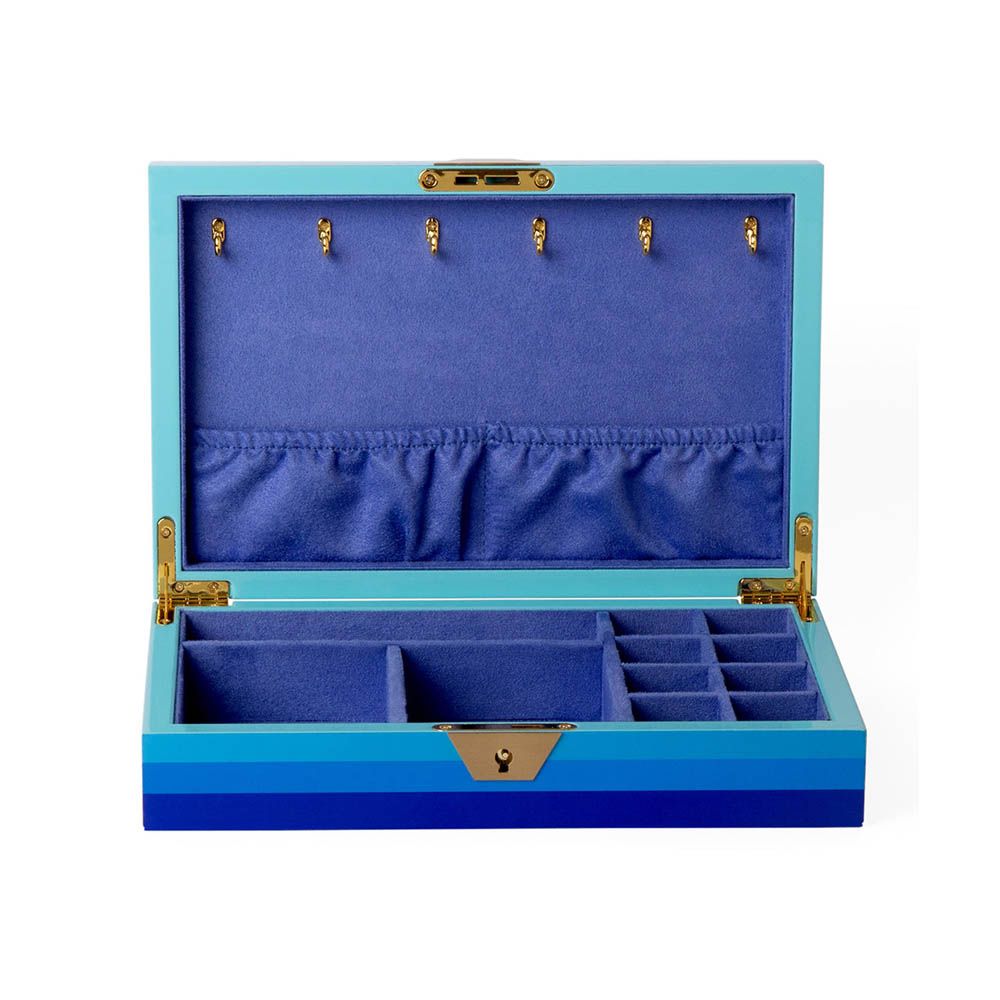 Striking purple and blue jewellery box with tasselled key detail