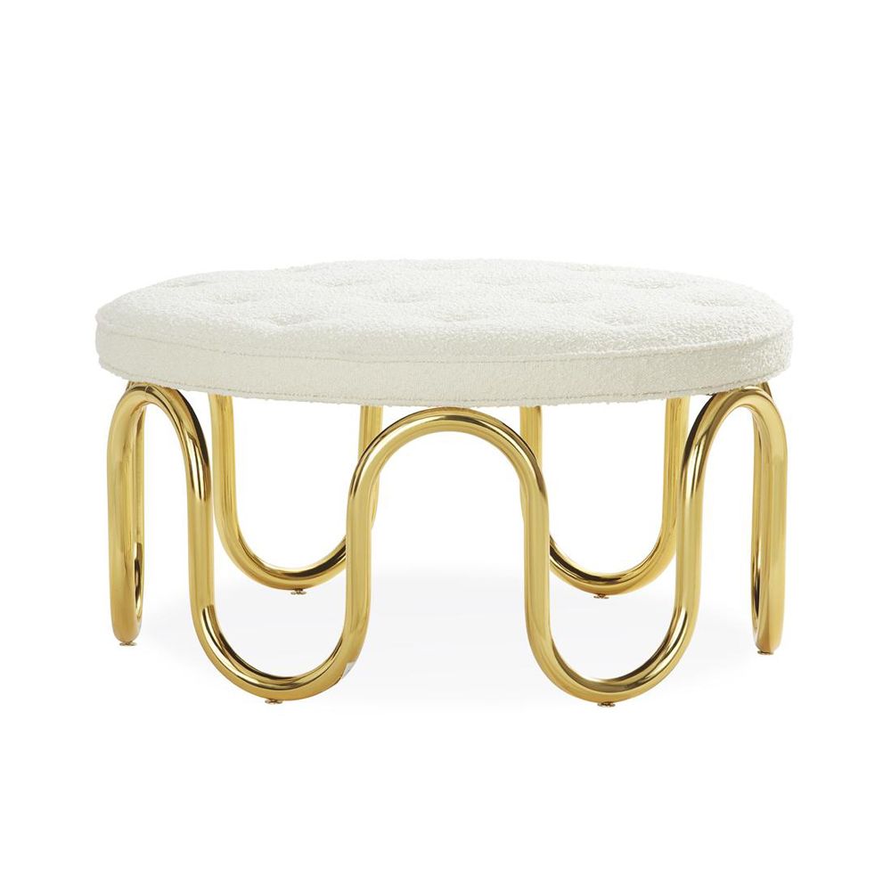 Luxurious circular ottoman upholstered in ivory boucle fabric with polished brass pipe base