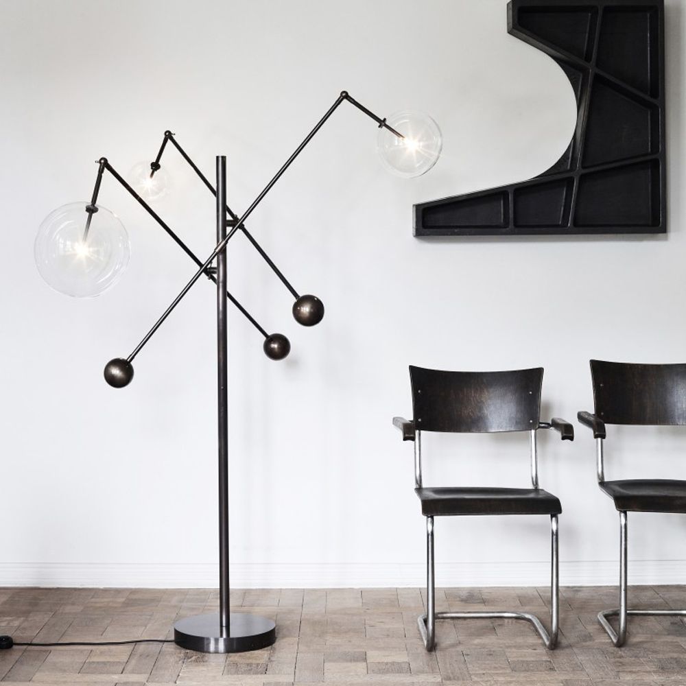 Black gunmetal finish solid brass industrial floor lamp with 3 arm angled frame and clear glass lampshades