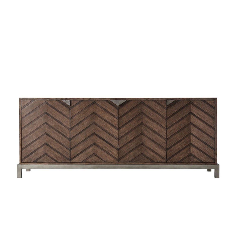 Stunning sideboard with four, chevron-patterned doors and triangular handles
