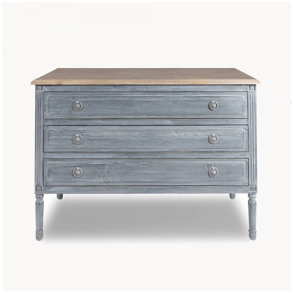 A gorgeous chest of drawers with a distressed grey finish and natural wood top 