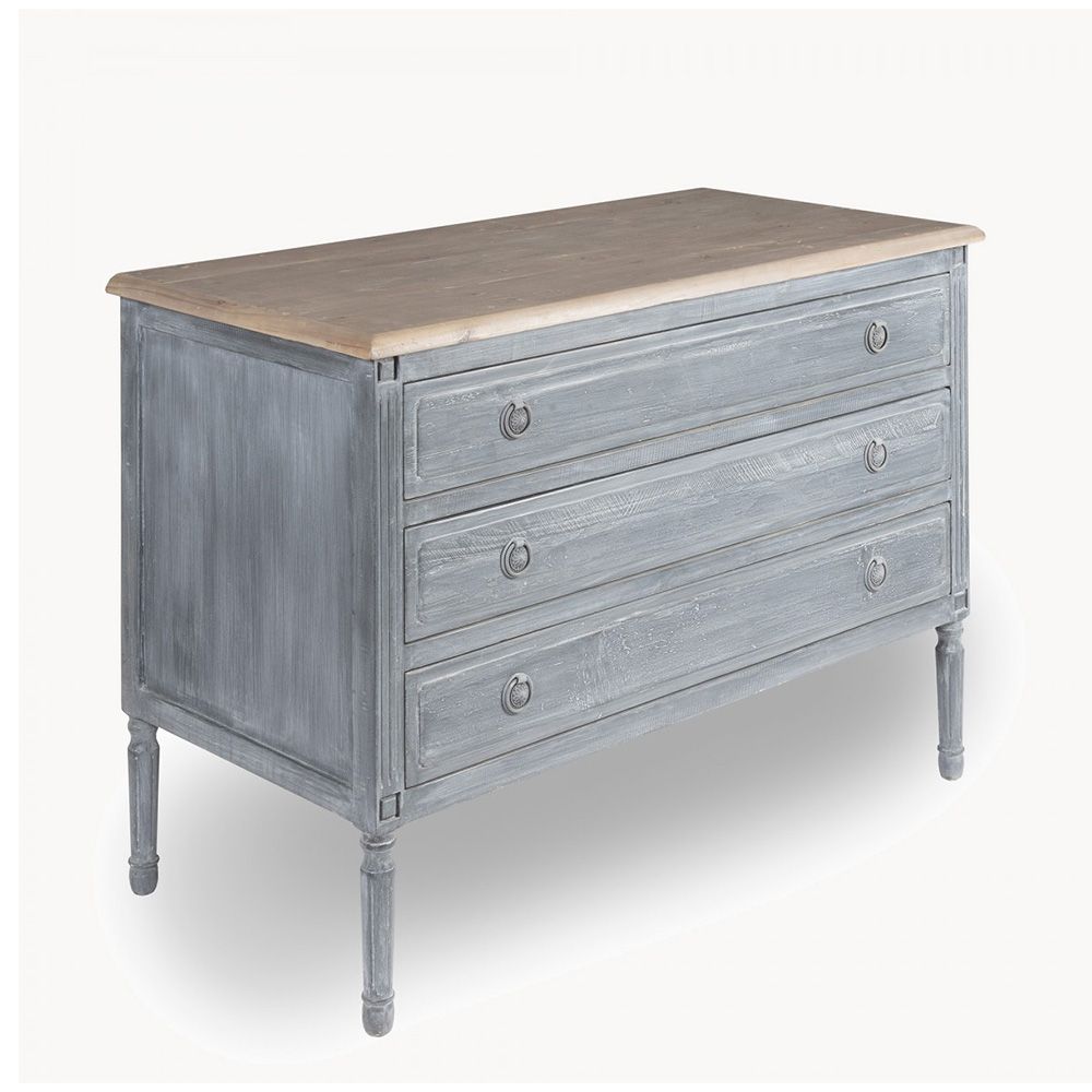 A gorgeous chest of drawers with a distressed grey finish and natural wood top 