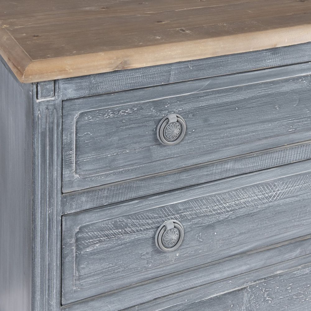 A gorgeous chest of drawers with a distressed grey finish and natural wood top 