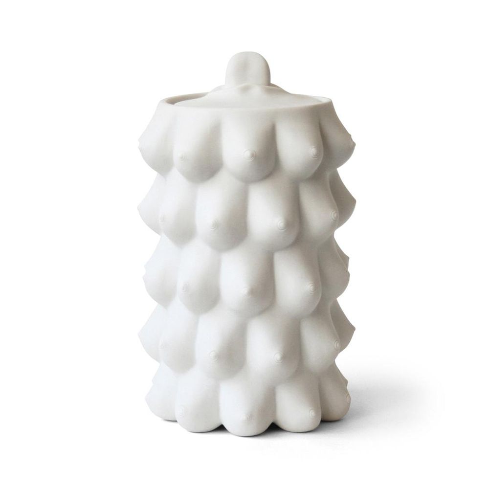 A sculptural matte porcelain cookie jar by Jonathan Adler 