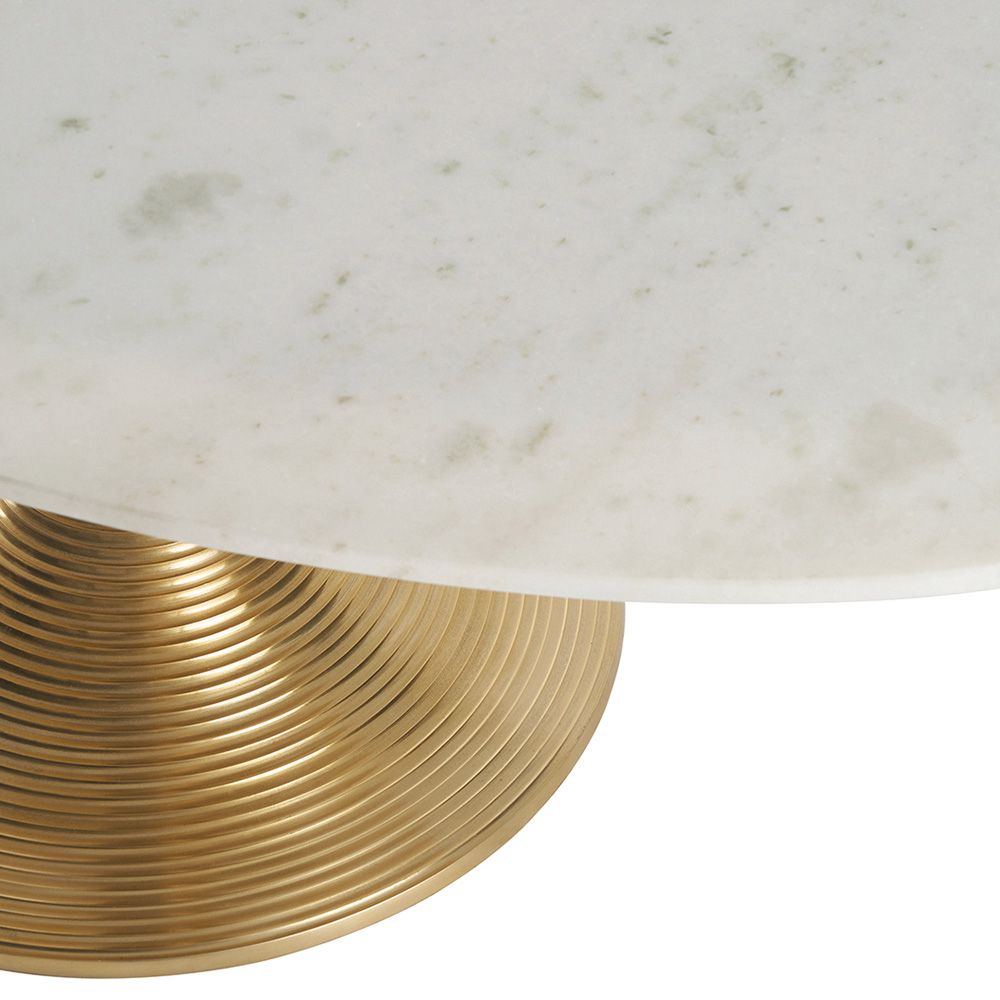 An opulent white marble top coffee table with a gold finished base