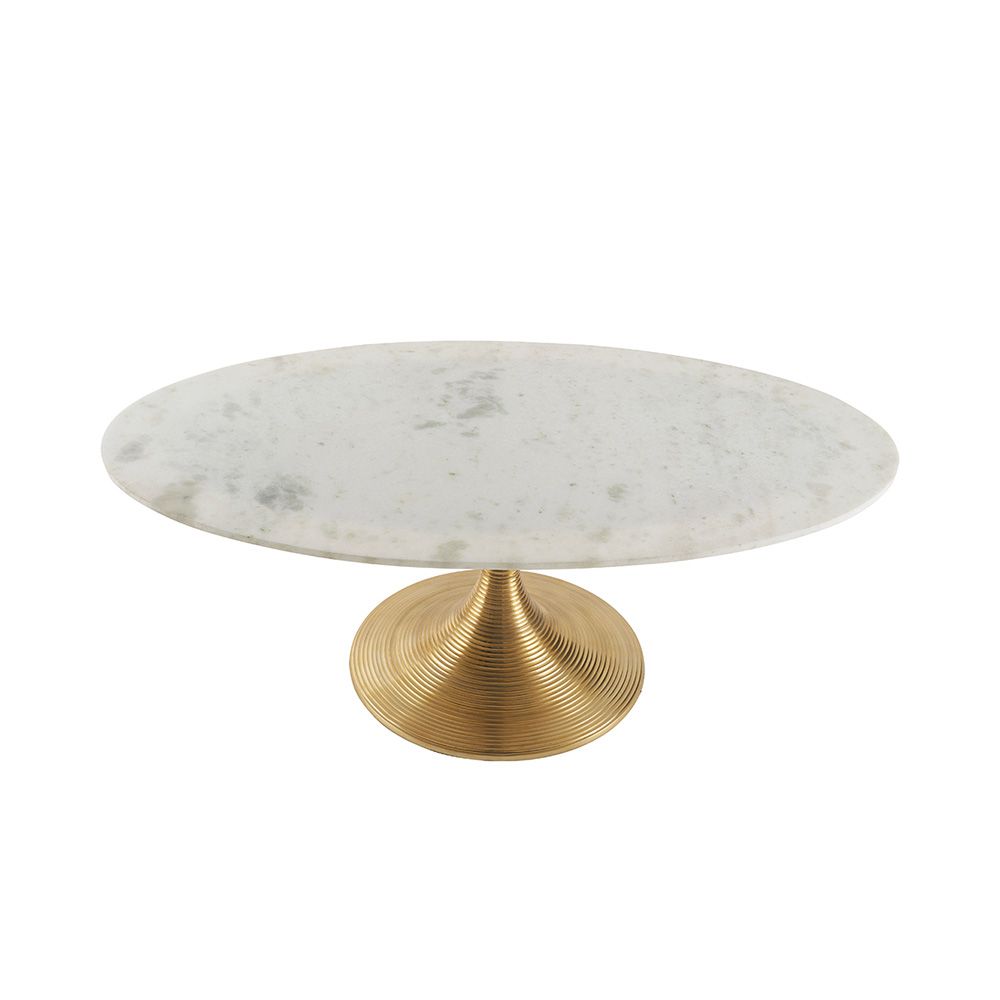 An opulent white marble top coffee table with a gold finished base