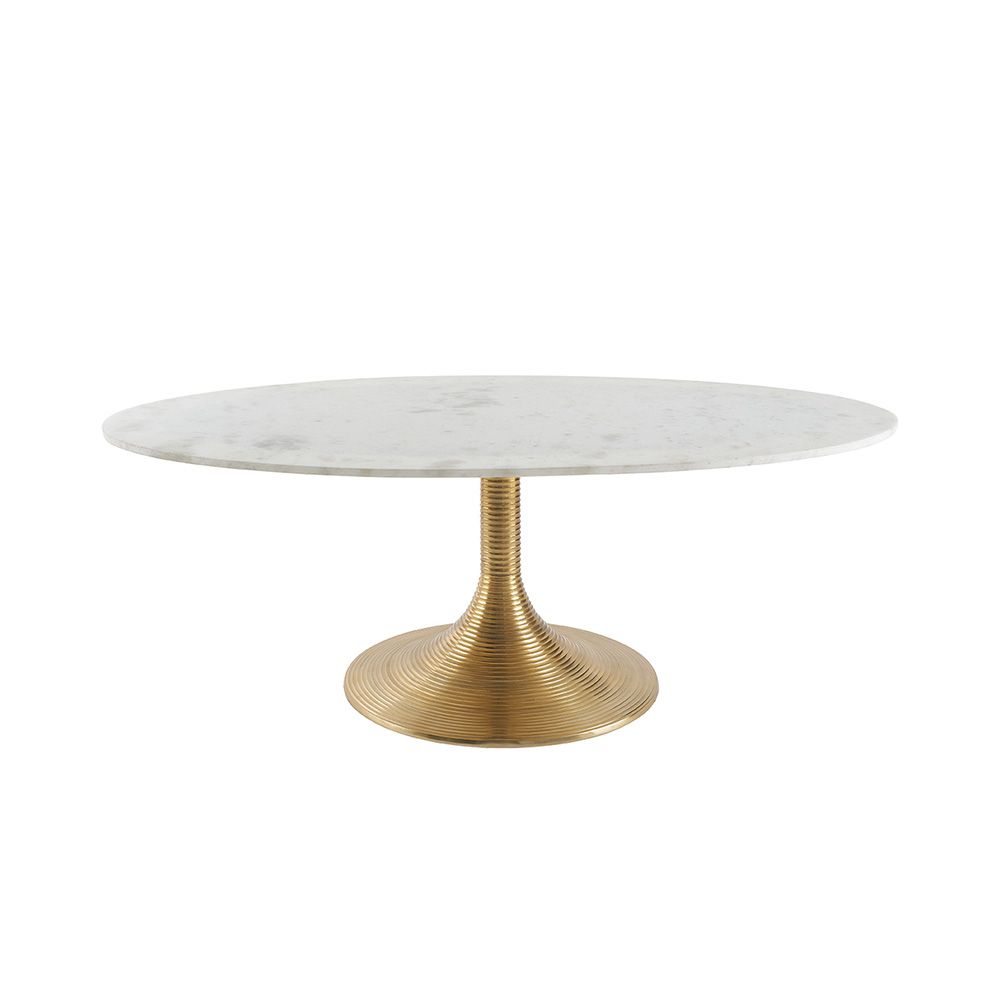 An opulent white marble top coffee table with a gold finished base