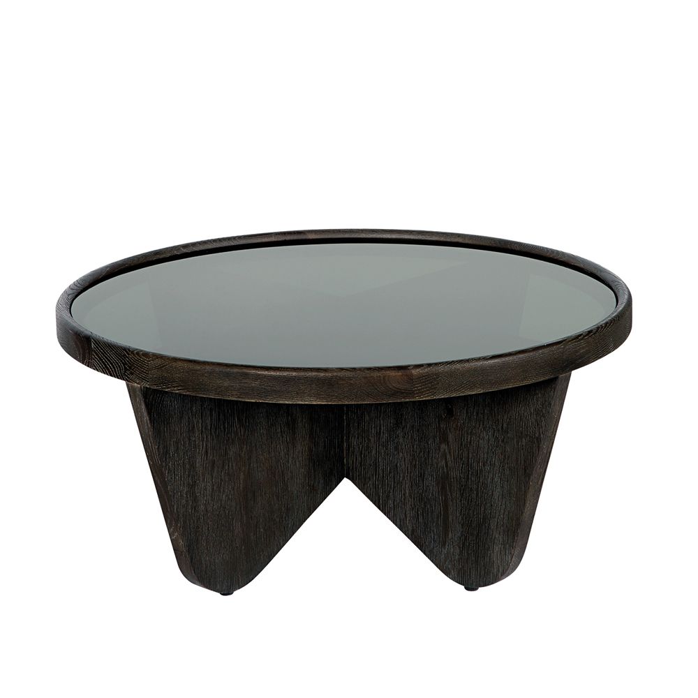 round oak table with tempered smoked glass top and curved legs 
