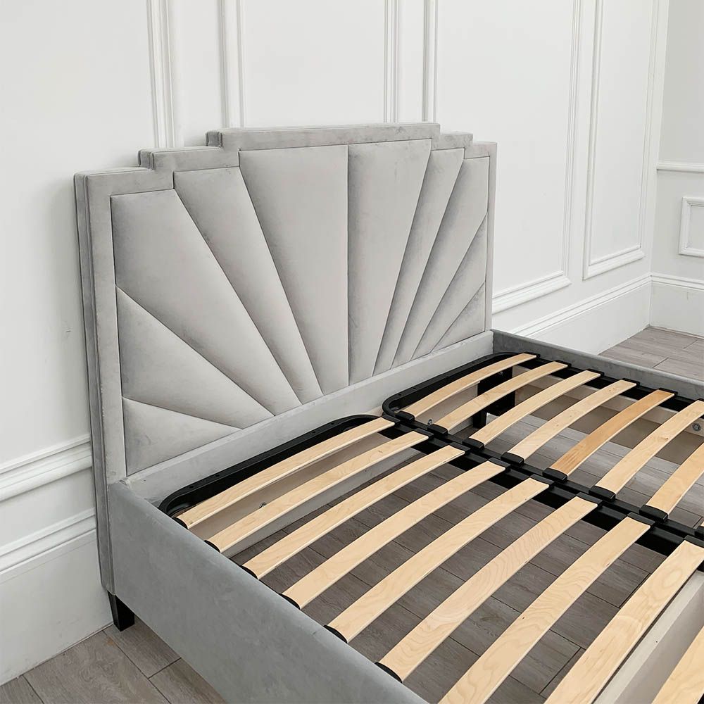 Art-deco inspired bed frame in grey velvet upholstery