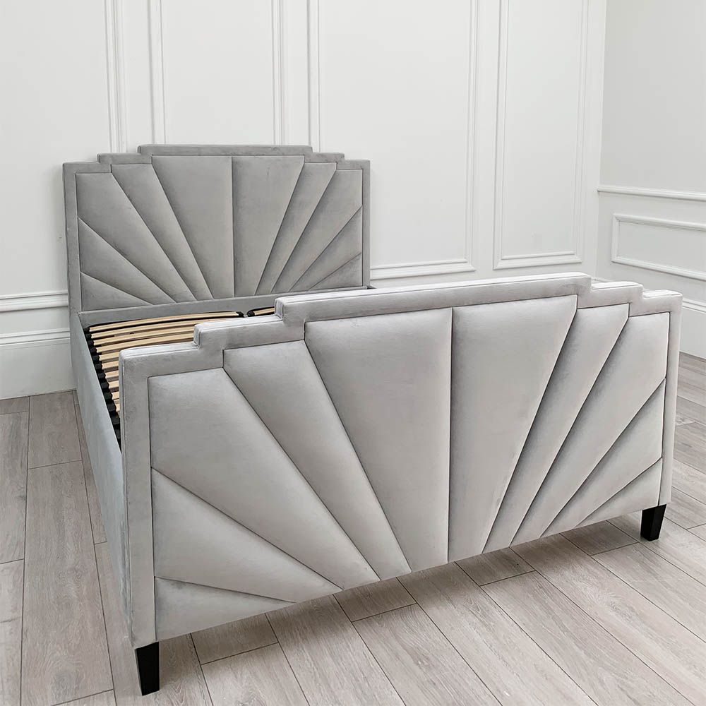 Art-deco inspired bed frame in grey velvet upholstery