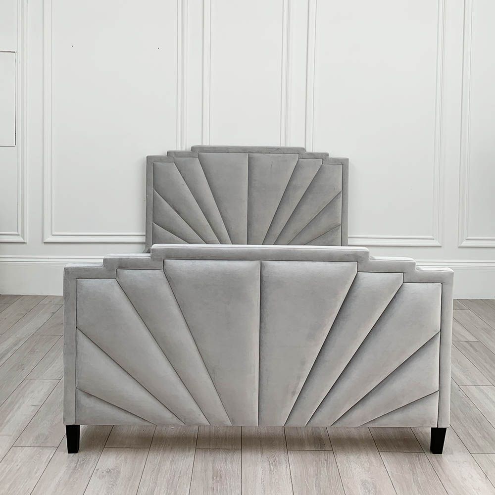 Art-deco inspired bed frame in grey velvet upholstery