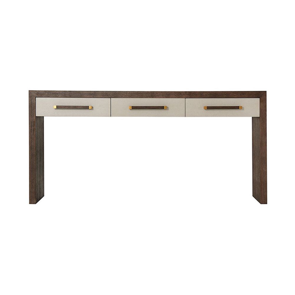Elegant, modern console table with three drawers and brass accents