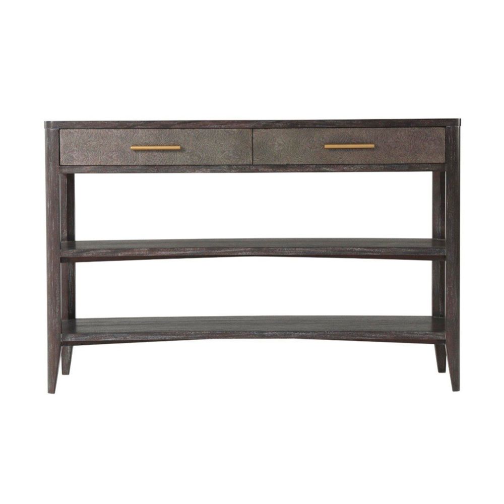 Timeless console table with two drawers and decorative shelves