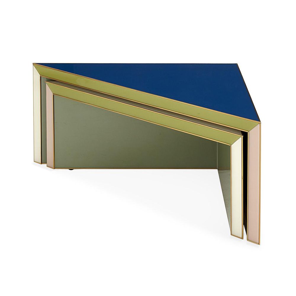 Glamorous blue and green painted nesting coffee tables with polished brass finish