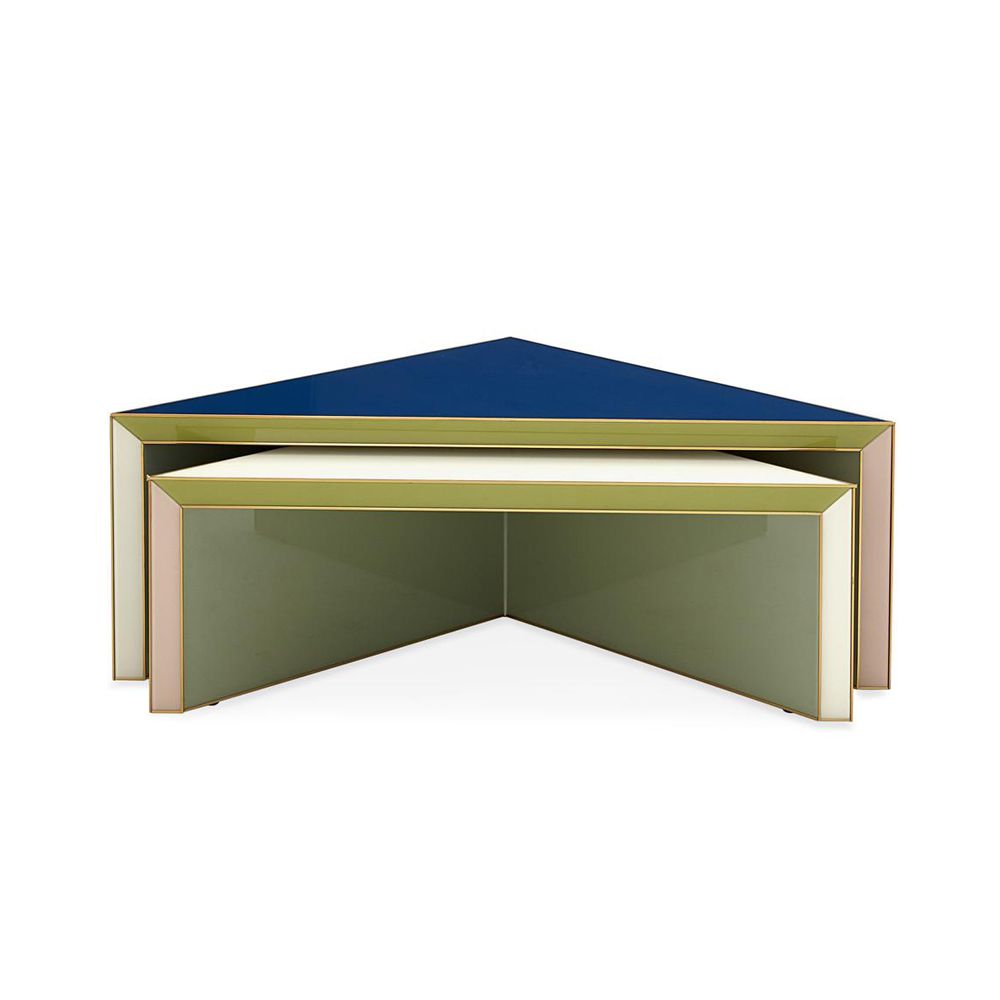 Glamorous blue and green painted nesting coffee tables with polished brass finish