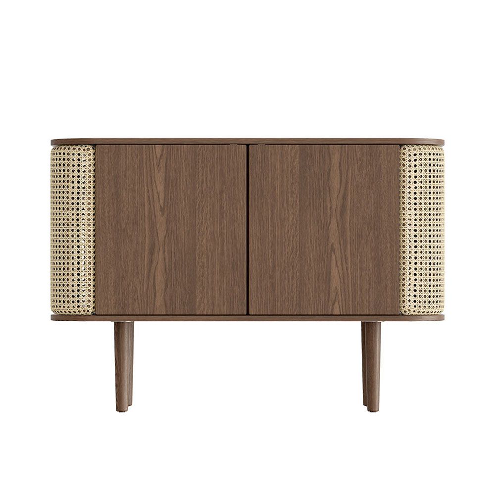 A luxurious dark brown oak and cane cabinet with rattan detailing 