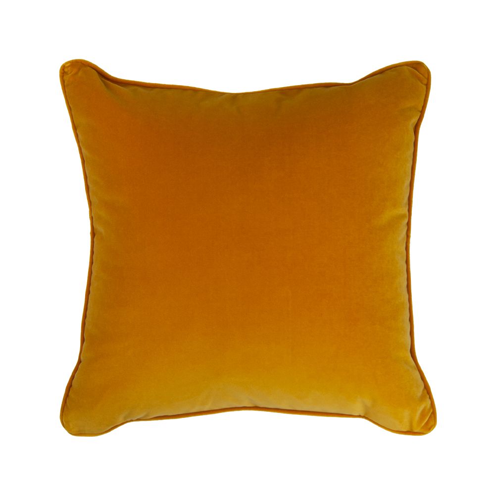 A stylish velvet cushion with a mustard colour and square shape