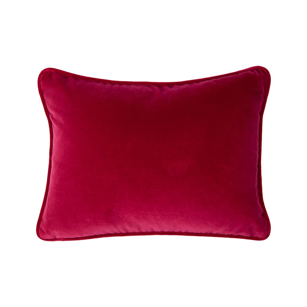 A luxurious red velvet cushion with a rectangular shape