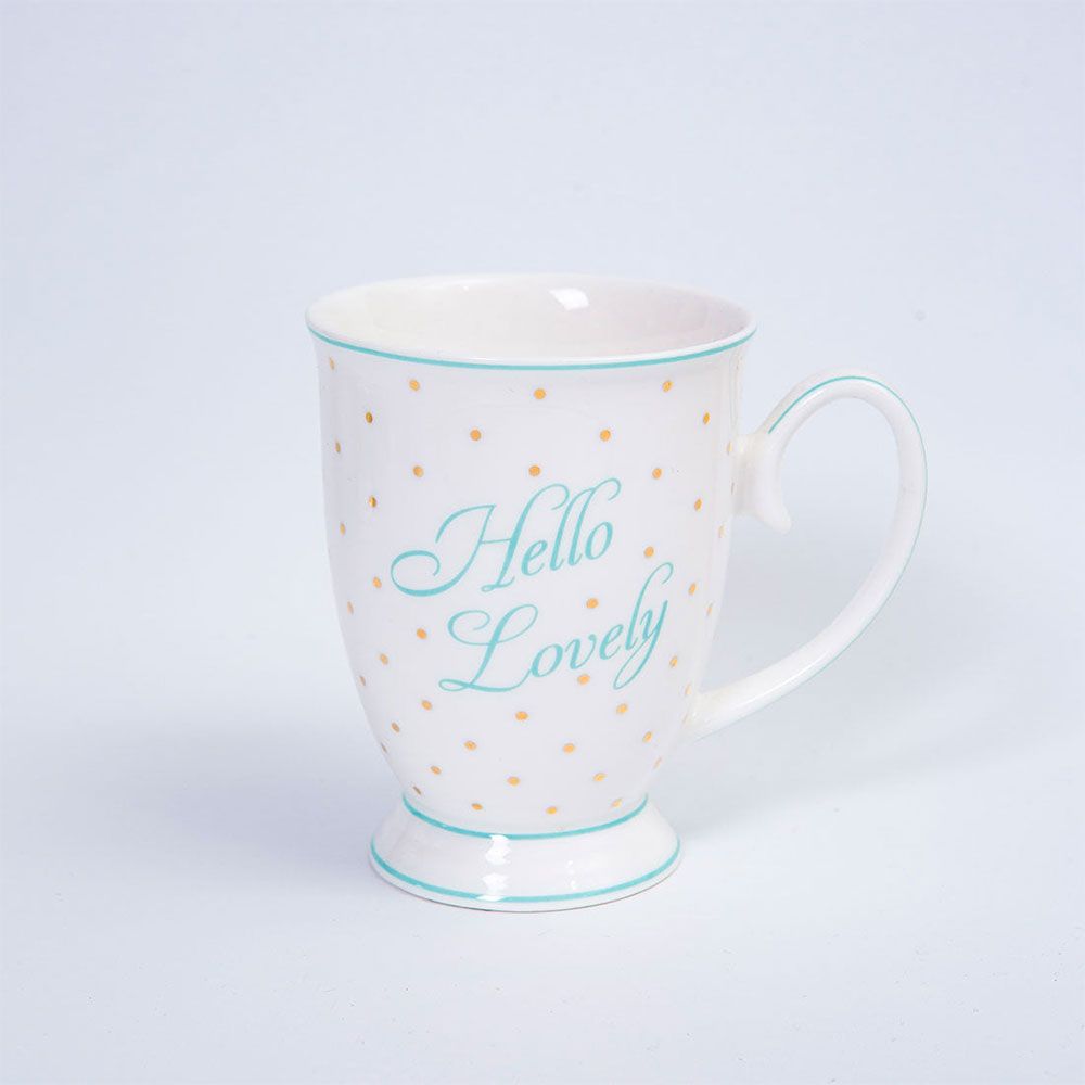 Delicate and stylish mug with 'Hello Lovely' quote and gold spots
