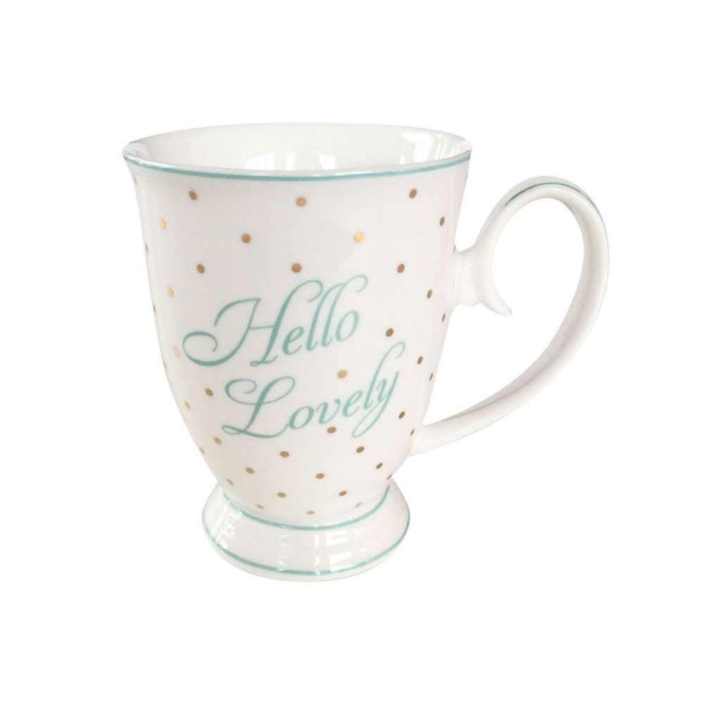 Delicate and stylish mug with 'Hello Lovely' quote and gold spots