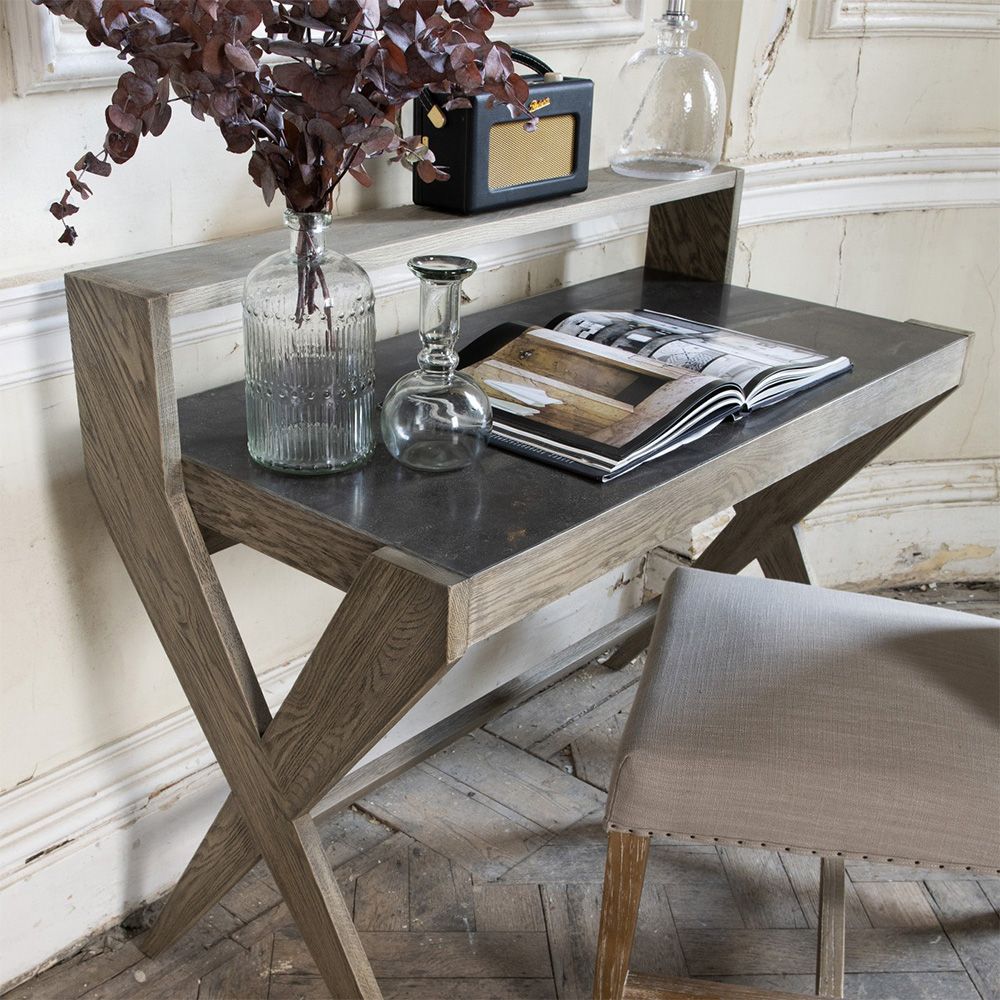 Beautiful desk with shelf and crossed legs in an oak finish with bluestone top.