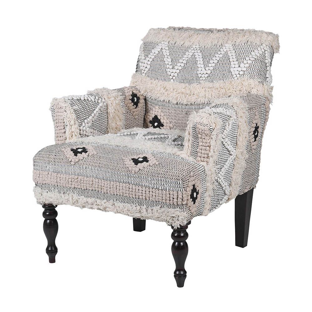 Bohemian-style patterned accent chair with tufted wool details 