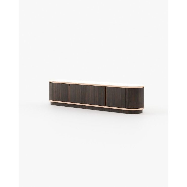Brown Tv Cabinet - Smoked Eucalyptus Veneer Matte, White Marble Top