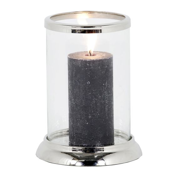 glass pillar candle holder with silver accents 