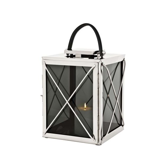 A medium sized hurricane with a silver nickel frame and smoked glass panels