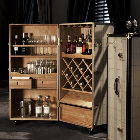 Designer trunk style wine cabinet on wheels with tartan pattern 