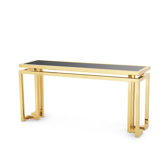 Luxurious gold console table with sleek black glass top. 