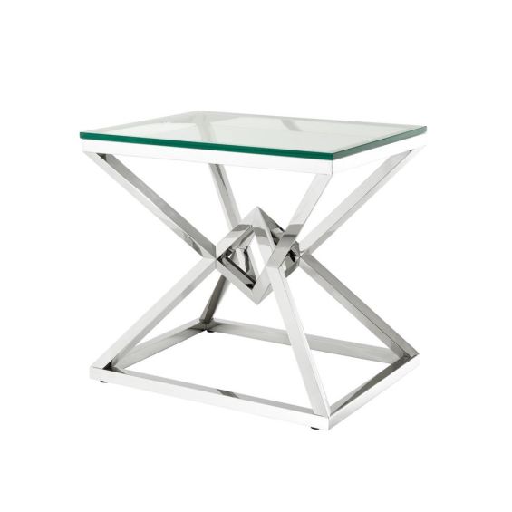 Clear glass top, angular base, nickel finished side table