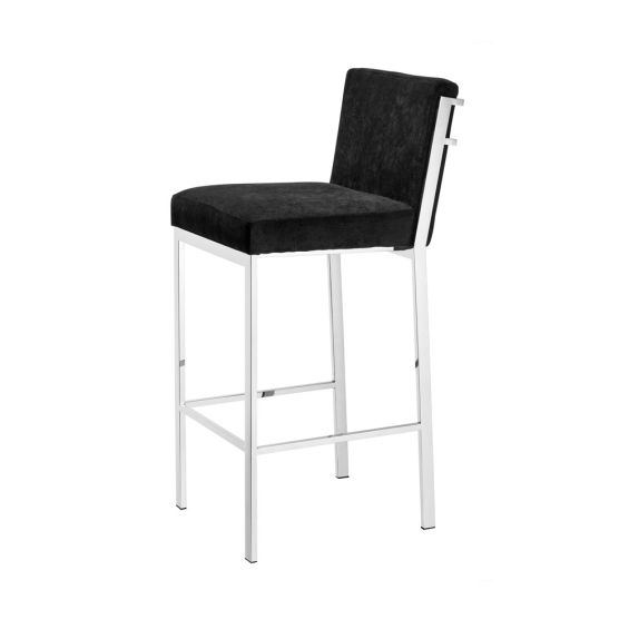 An elegant designer black velvet seat bar stool with stainless steel legs 