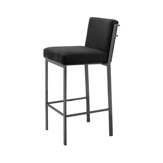 Designer black velvet seat bar stool with long bronze legs 