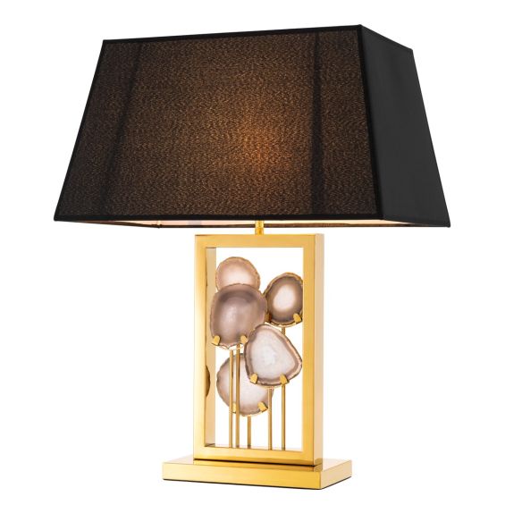 Rectangular gold table lamp frame with stone detailing and black shade