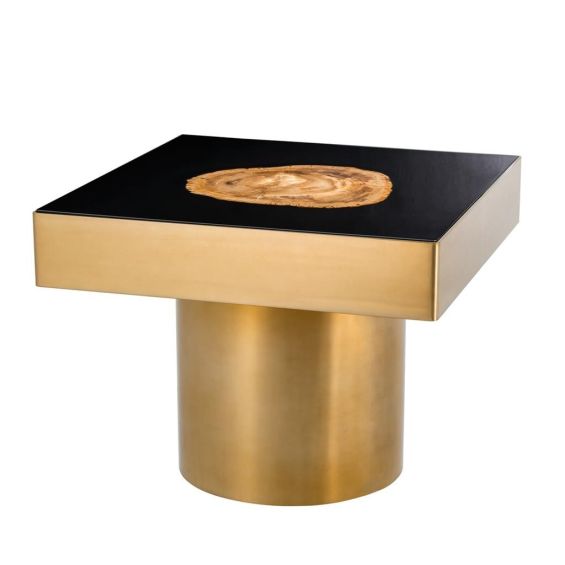 Brass framed side table with wooden feature in the black centre top