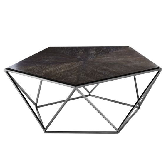 pentagon inlaid oak coffee tabletop with matte black geometric frame 