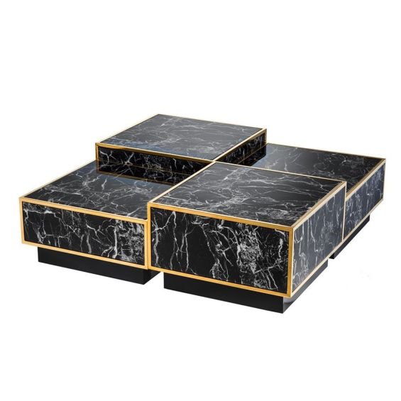 Luxury cubist design set of 4 coffee tables in a black marble finish with gold rims