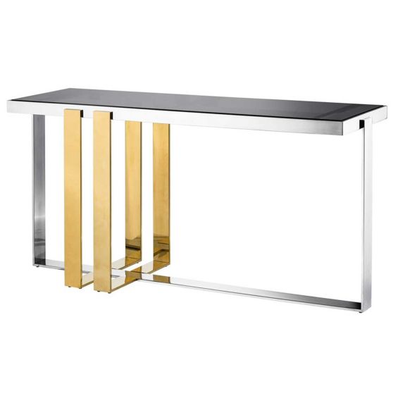 Modern smoke glass console table with gold finish detailing